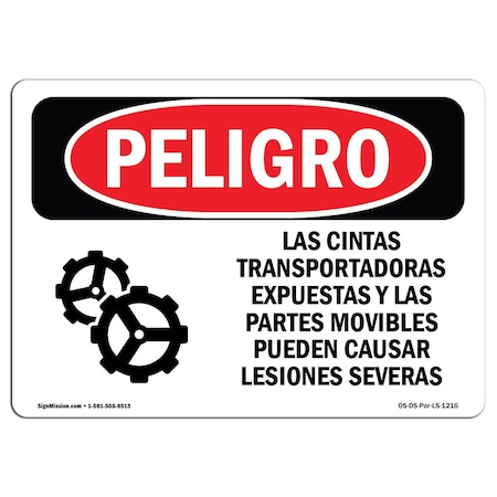 SIGNMISSION OSHA Danger, Exposed Conveyors And Moving Parts Spanish, 24in X 18in Aluminum, OS-DS-A-1824-LS-1216 OS-DS-A-1824-LS-1216